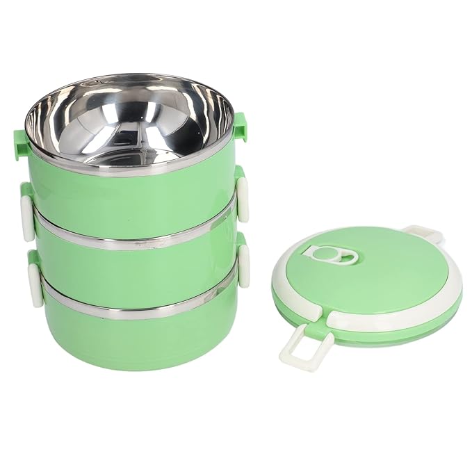 3layer_doraemon_lunch box Stainless Steel Sealed 3 Layer Fashionable Leak Proof Lock Design with Vent Hole for Office for School(Green)